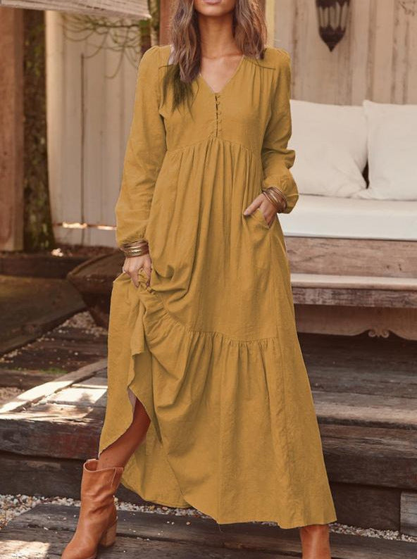 Cotton And Linen Casual Long-Sleeved Wholesale Maxi Dresses Vintage