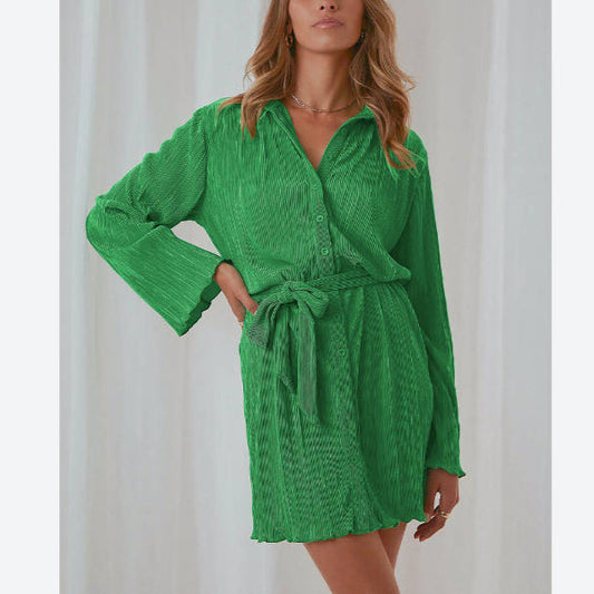 Fashion Long Sleeve Tie-Up Pleated Shirtdress Wholesale Shirt Dresses