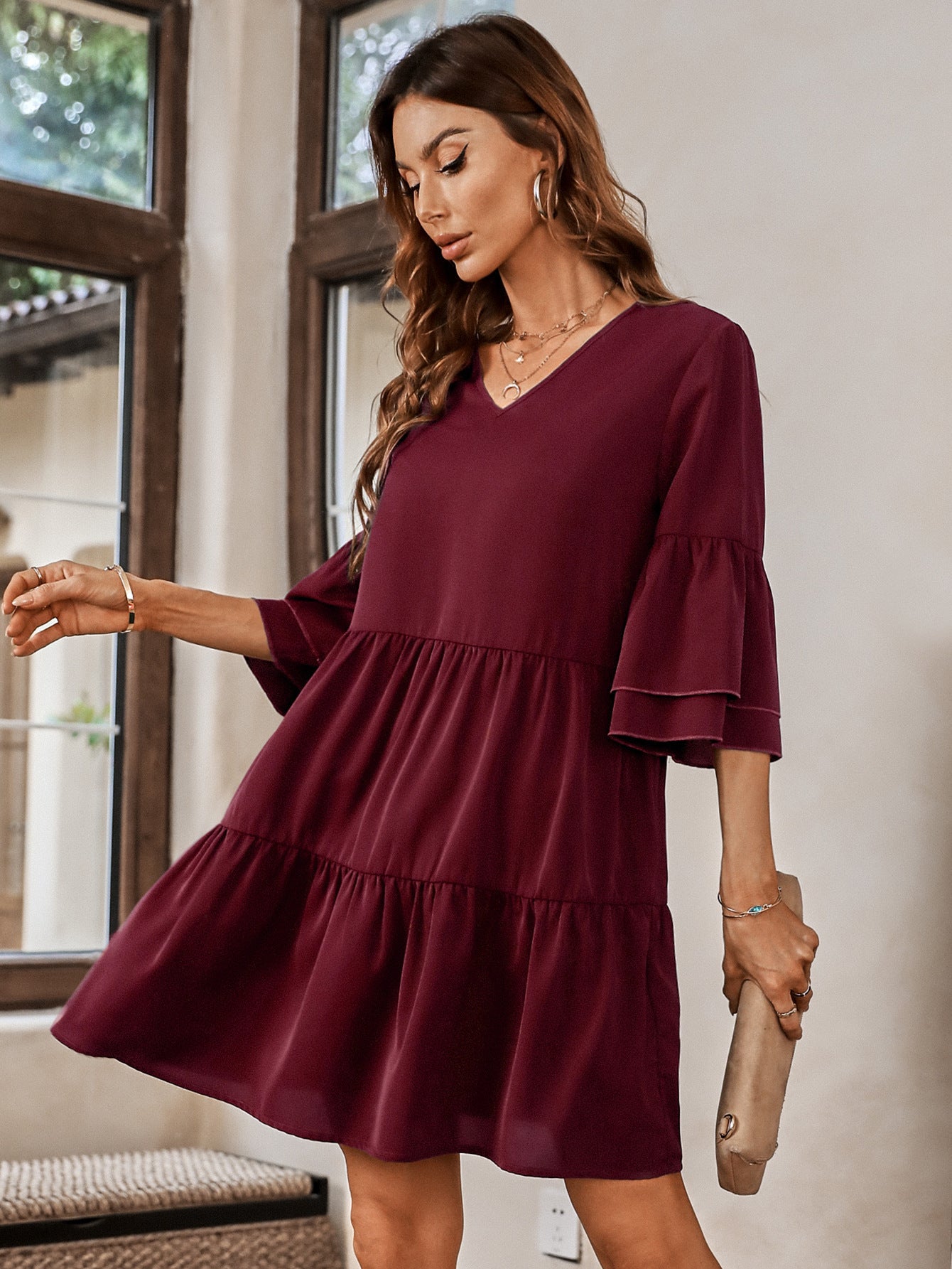 Fashion V-Neck Trumpet Sleeve Solid Color Loose A-Line Dress Wholesale Dresses