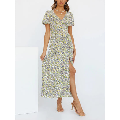 Sexy Puff Sleeve Floral Print Short Sleeve Slit Midi Dress Wholesale Dresses