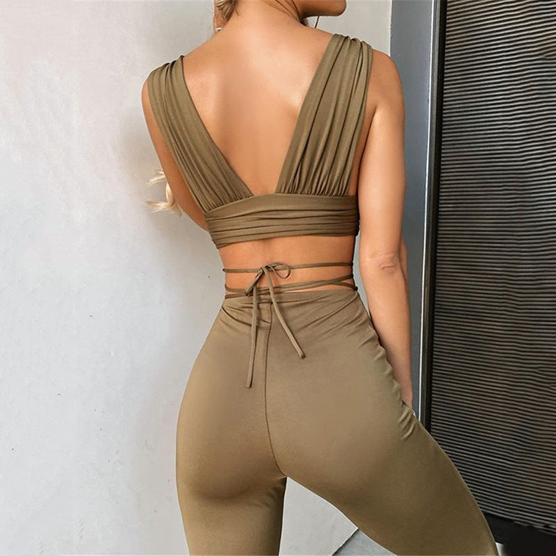 Pleated Solid Crop Top + Flared Pants Wholesale Two Piece Sets