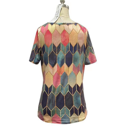 Asymmetrical V-Neck Short Sleeve Colorblock Slim Casual Blouses Wholesale Women Tops