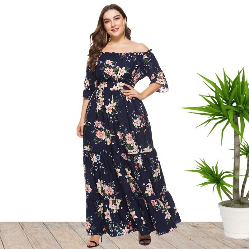 Floral Printed Off Shoulder Curve Maxi Dresses Ruffles Vacation Dress Wholesale Plus Size Clothing