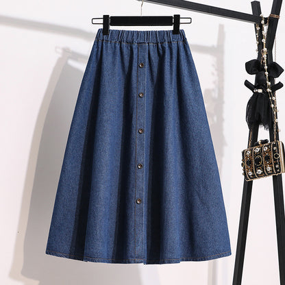 Fashion Elastic Waist A-Line Denim Skirts Single-Breasted Decorate High Waist Midi Wholesale Skirts