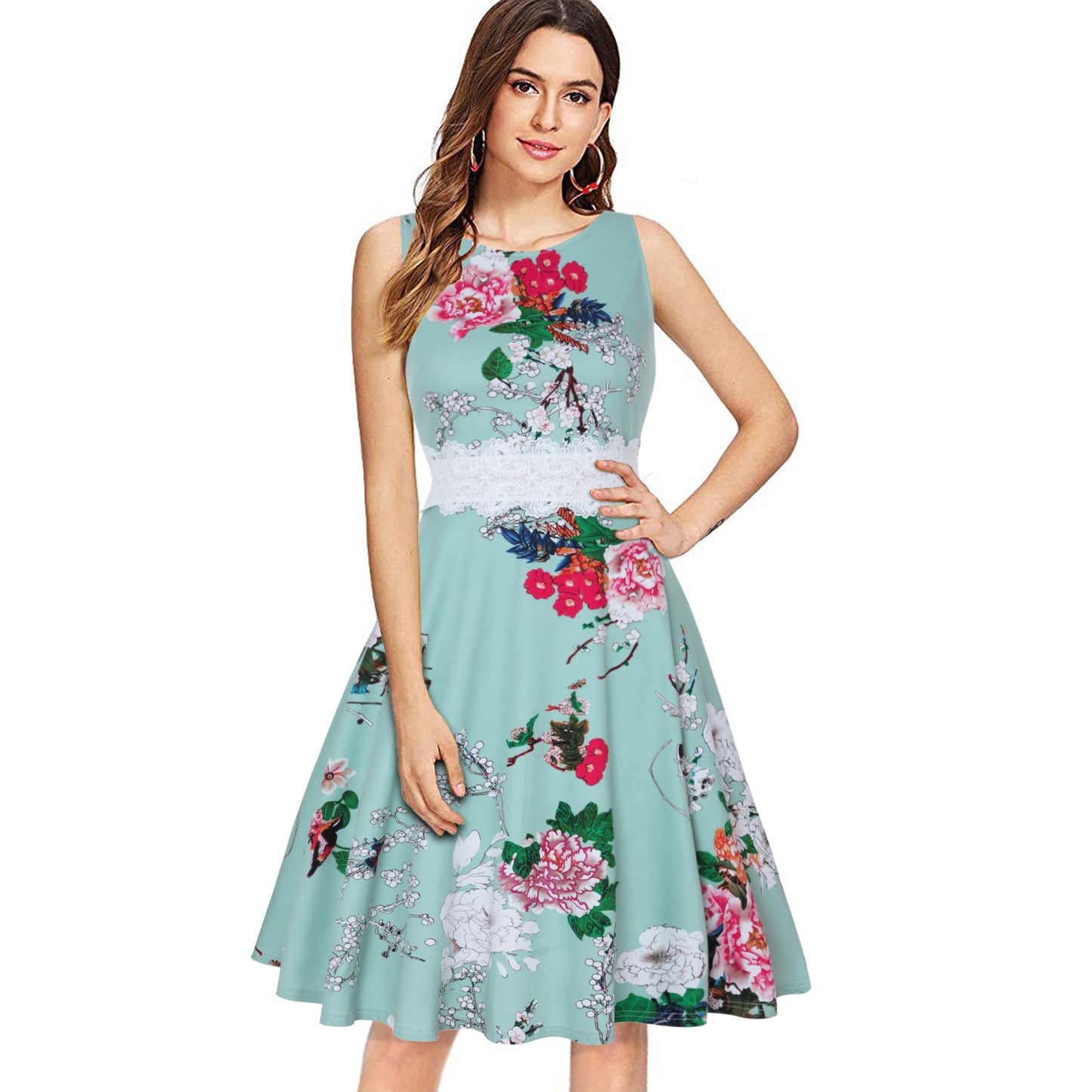 Sleeveless Fashion Elegant Dresses Floral Prints Big Hem