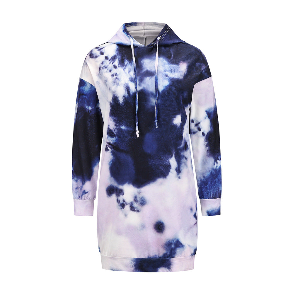 New Women Casual Tie-dye Mid-length Hoodie Dress