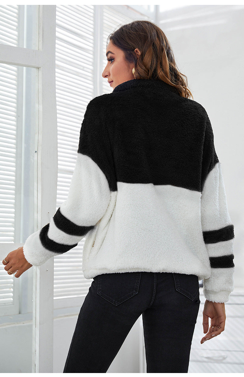 Lapel Zipper Stitching Contrast Color Plush Sweater Wholesale