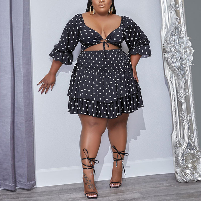 Polka Dot Cropped Tops & Skirt Sexy Sets Wholesale Plus Size Clothing