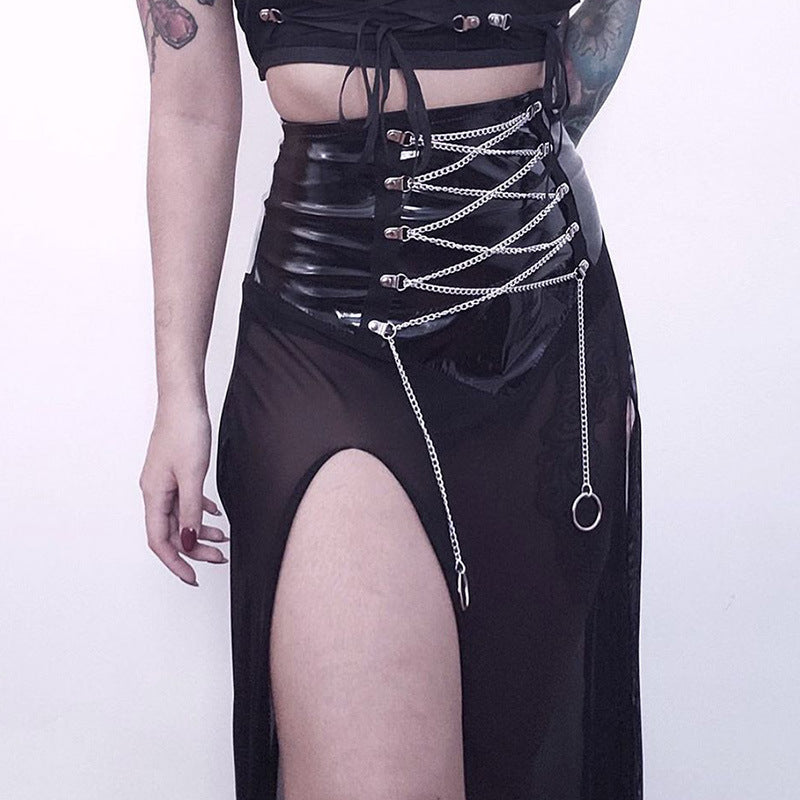 Dark Style Sexy Mesh See-Through Strap Slit Skirt Wholesale Women Bottoms