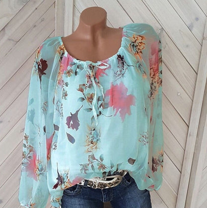 Casual Loose Chiffon Sexy Off Shoulder Floral Tops Lace-Up Wholesale Womens Long Sleeve T Shirts