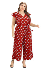 Retro Polka Dot Print Lace Up Curve Jumpsuits Wide-Leg Ruffles V Neck Wholesale Plus Size Clothing Casual