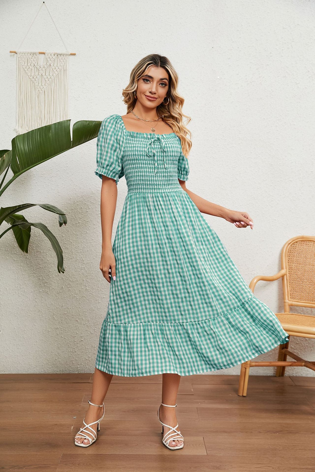 Short Sleeve Square Neck Plaid Flowy Dress Wholesale Maxi Dresses