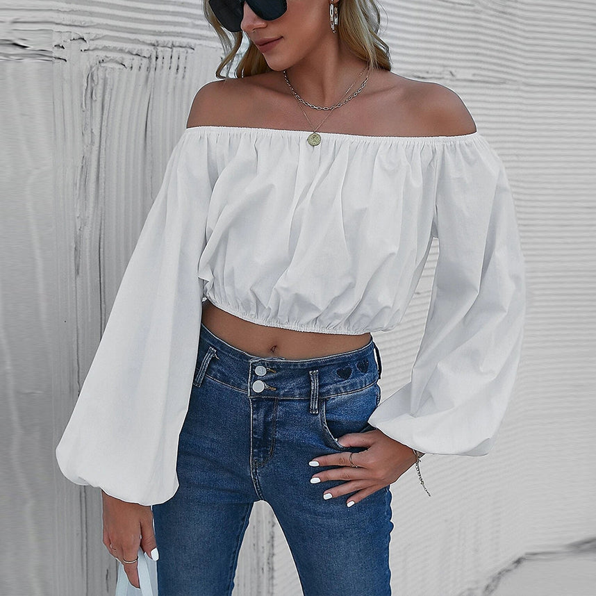 Solid Color Off Shoulder Lantern Sleeve Wholesale Crop Tops Blouses