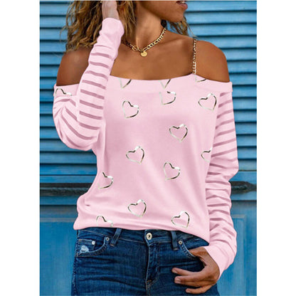 Heart Print Long Sleeve Off Shoulder Chain Tops Fashion Women'S T Shirts Wholesale Blouse