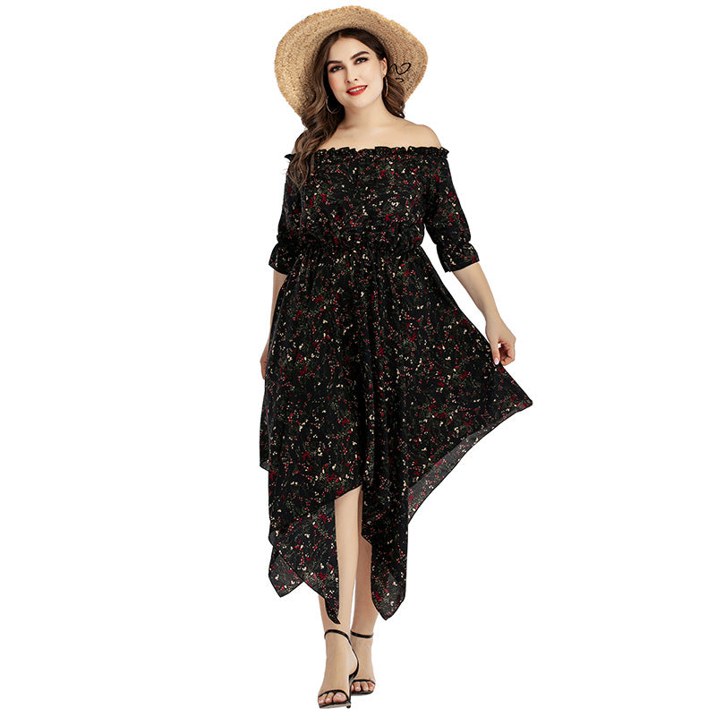 Wholesale Plus Size Women'S Clothing Off-Line Neck Print Irregular Fit Bohemian Midi Dress