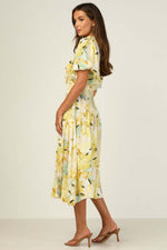 Floral Print Slit Dress Elastic Waist Short Sleeve Midi Wholesale Dresses