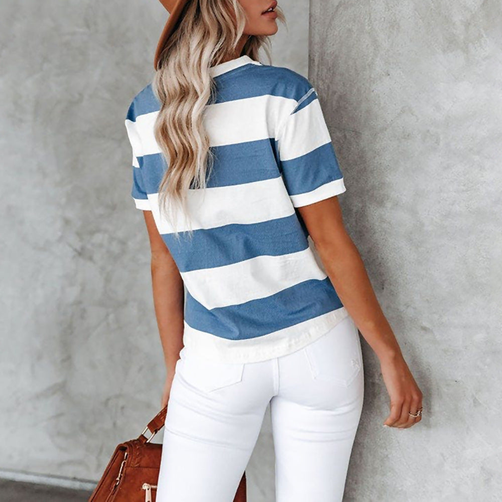 Women Fashion Striped Print Round Neck Wholesale T-shirts Summer