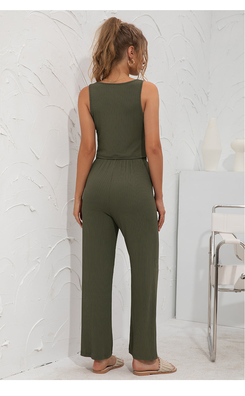 Loose Tank Tops & Wide Leg Pants Solid Color Casual Suits Wholesale Womens 2 Piece Sets