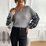 Casual Crew Neck Long Sleeve Leopard Print Knit Tops Wholesale Sweater