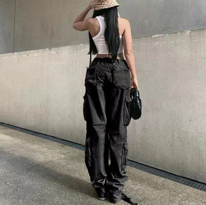 Fashion Solid Color Casual Hip Hop Style Multi-Pockets Straight Overalls Wholesale Pants