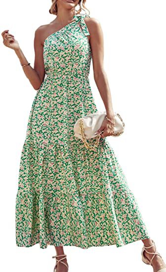 Floral Print Twist Slanted Shoulder Strapless Smocked Swing Dress Vacation Wholesale Maxi Dresses