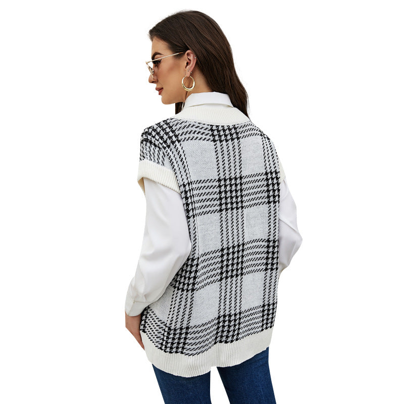 Knitting Gingham V-Neck Loose Sweater Wholesale Vest