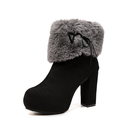 Winter Shoes Women Square High Heels Fur Warm Boots