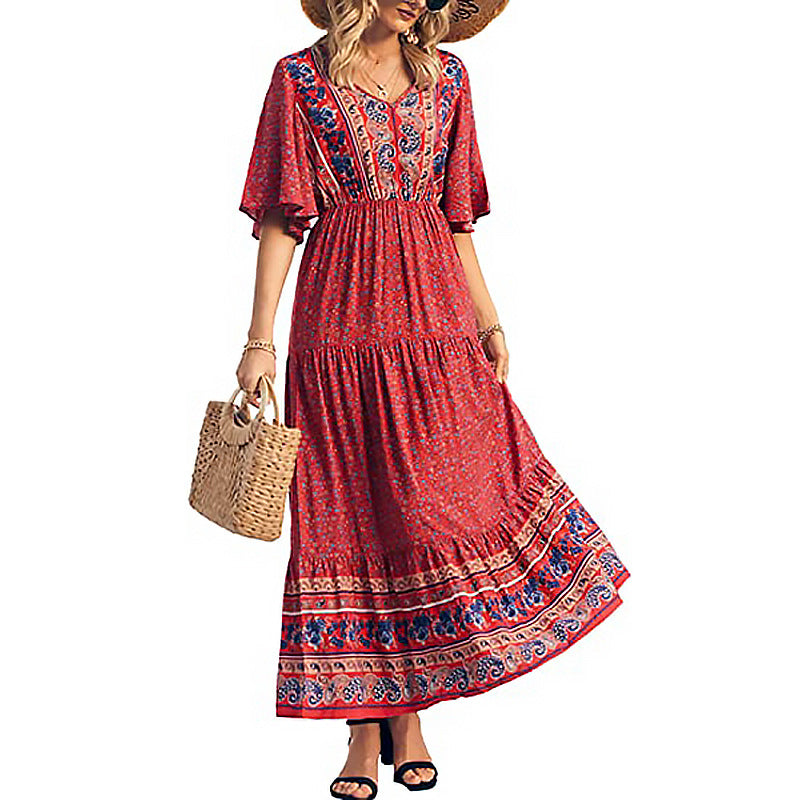 V Neck Boho Style Print Flare Sleeve Elastic Waist Maxi Dresses Wholesale Bohemian Dress For Women