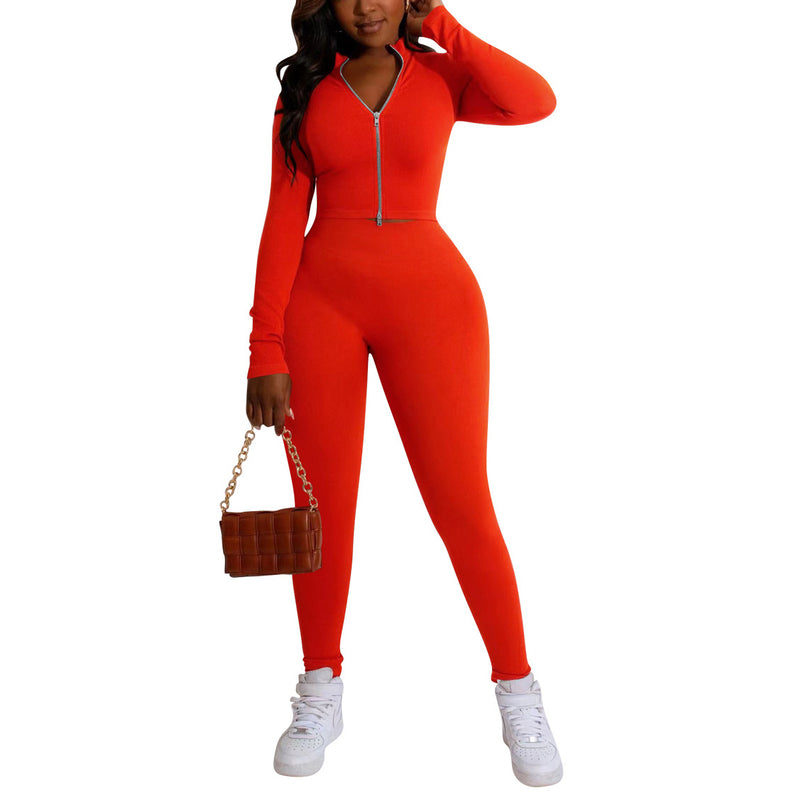 Sexy Long Sleeve V Neck Zipper Tops & Pants Slim Solid Color Wholesale Womens 2 Piece Sets