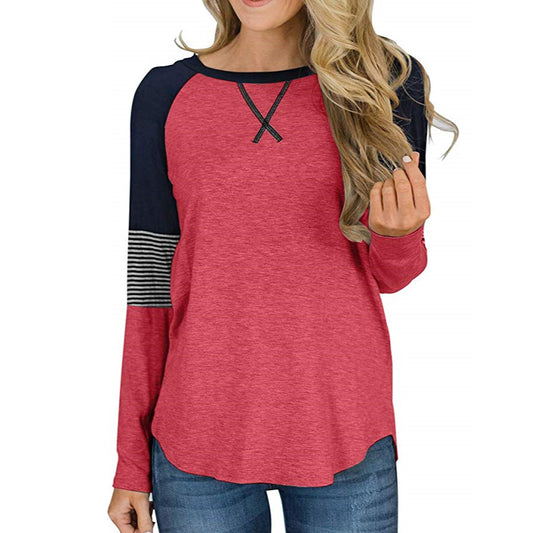 Casual Patchwork Top Loose Crew Neck Wholesale Womens Long Sleeve T Shirts