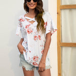 V-Neck Floral Print Crossover Loose Ruffle Sleeve Womens Tops Casual Wholesale T Shirts