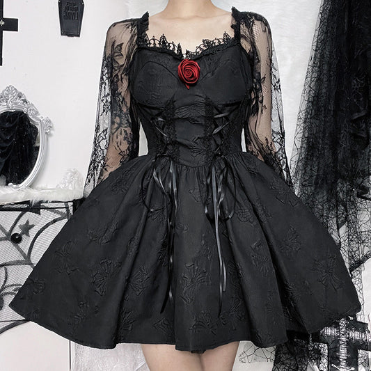 Dark Three-Dimensional Floral Lace Long-Sleeved A-Swing Princess Dress Wholesale Dresses