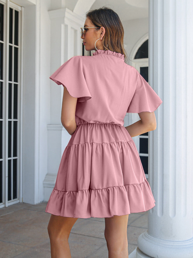 Solid Color Ruffle Sleeve V Neck Lace Up Pleated Wholesale Smocked Dresses
