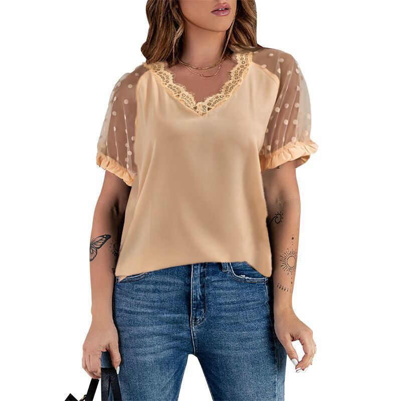 Mesh Short Sleeve Polka Dot Print Lace V-Neck Pullover Womens Tops Wholesale T Shirts