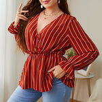 Casual Lapels V Neck Long Sleeve Striped Blouses Wholesale Plus Size Clothing