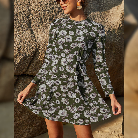 Fashion Floral A-Line Mini Dress Loose Long Sleeve Casual Resort Wholesale Dresses