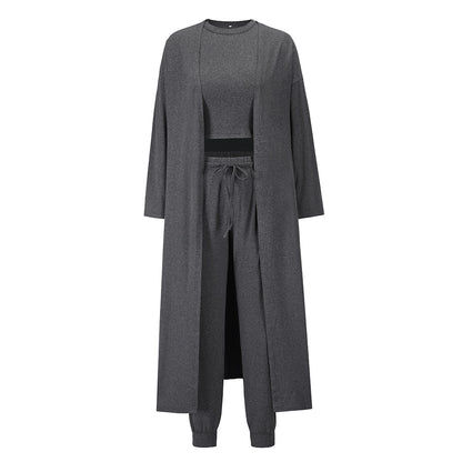 Solid Color Three-piece Sports Long Coat And Sports Vest And Trousers