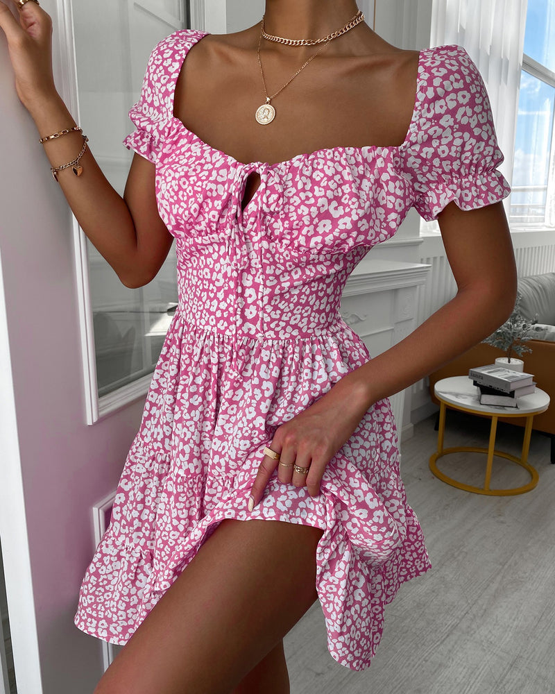 Puff Sleeve Elegant Print Tie Square Neck Mini Dress Wholesale Dresses