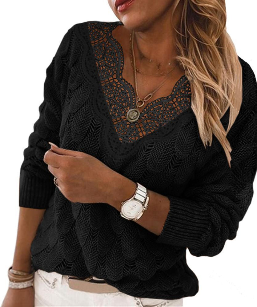 Solid Color Trendy V Neck Long Sleeve Knit Lace Womens Tops Wholesale Sweater Vendors Casual