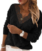 Solid Color Trendy V Neck Long Sleeve Knit Lace Womens Tops Wholesale Sweater Vendors Casual