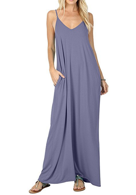 Women Sleeveless Spaghetti Strap V Neck Plain Wholesale Maxi Dresses Summer