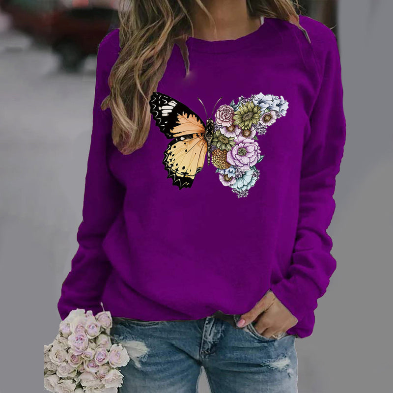Butterfly Print Long Sleeve Crew Neck Casual Tops Wholesale Womens Sweatshirts Loose