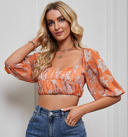 Sexy Floral Print Short Shirt Puff Sleeve Crop Top Wholesale Womens Tops