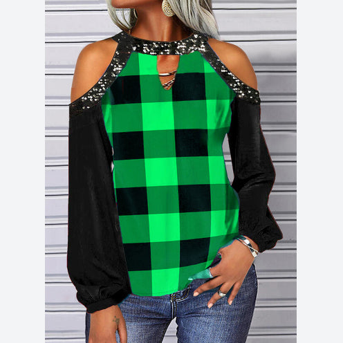 Sexy Off Shoulder Plaid Tops O Neck Wholesale Womens Long Sleeve T Shirts