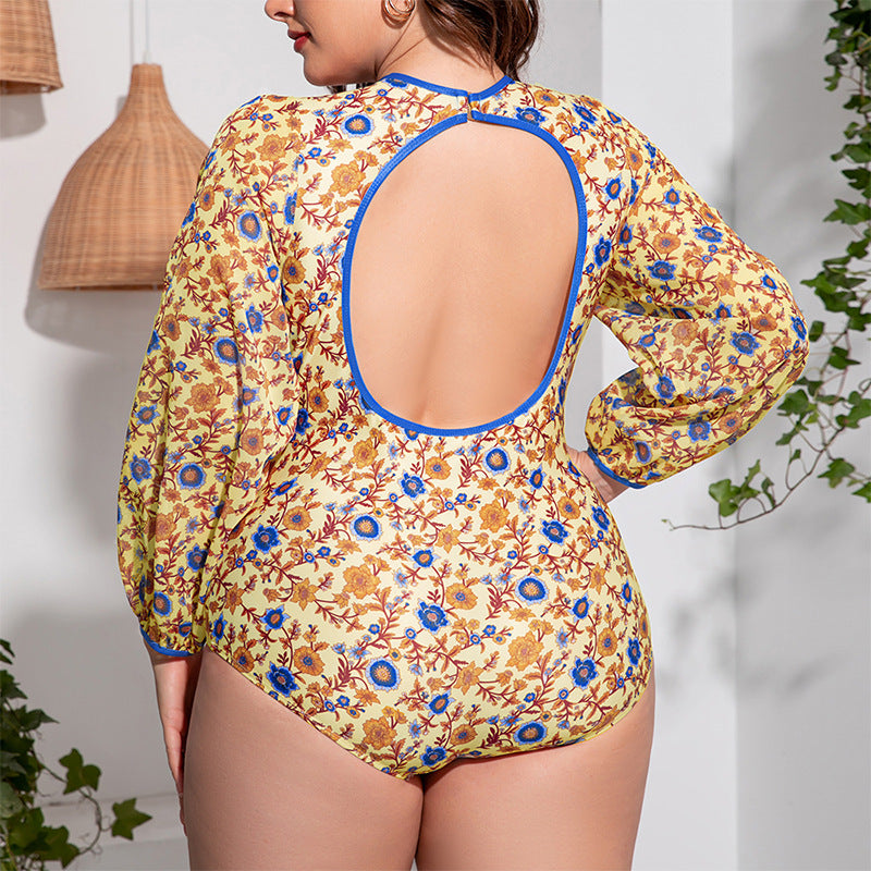 Floral Print V Neck Long Sleeve Backless Wholesale Plus Size Swimwear For Women Summer