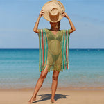 Beach Blouse Colorful Striped Sexy Cutout Deep V Neck Fringe Knitted Bikini Cover Up Wholesale