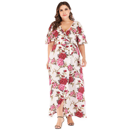 Wholesale Women'S Plus Size Clothing Printed V-Neck Short Sleeve Bohemian Slit Tie Wrap Dress