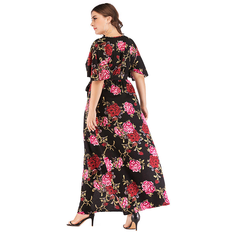 Wholesale Women'S Plus Size Clothing Printed V-Neck Short Sleeve Bohemian Slit Tie Wrap Dress
