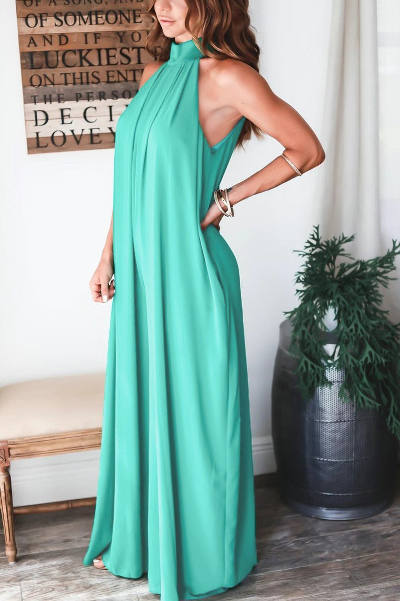 Solid Color Sleeveless Halterneck Loose Wide-Leg Womens Satin Jump Suits Wholesale Jumpsuits