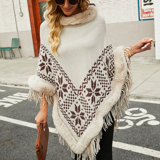 Fashion Fringed Geometry Shawl Long Loose Crew Neck Knitted Wholesale Cape Sweater